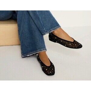 Good American Diamond Mesh Ballet Black Flats Size 8 Crystal Accent New
